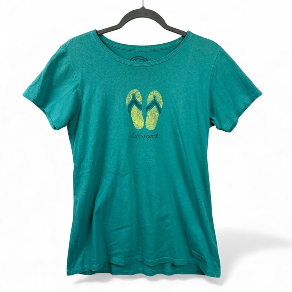 Life is Good T-Shirt Women's Size M Flip Flops Summer Green Relaxed Beach
